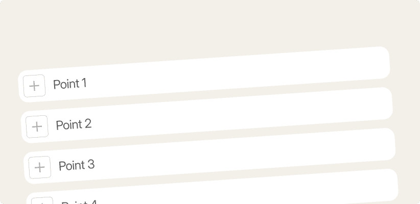 Stack of tilted white cards labeled "Point 1," "Point 2," and "Point 3," each with a plus icon.