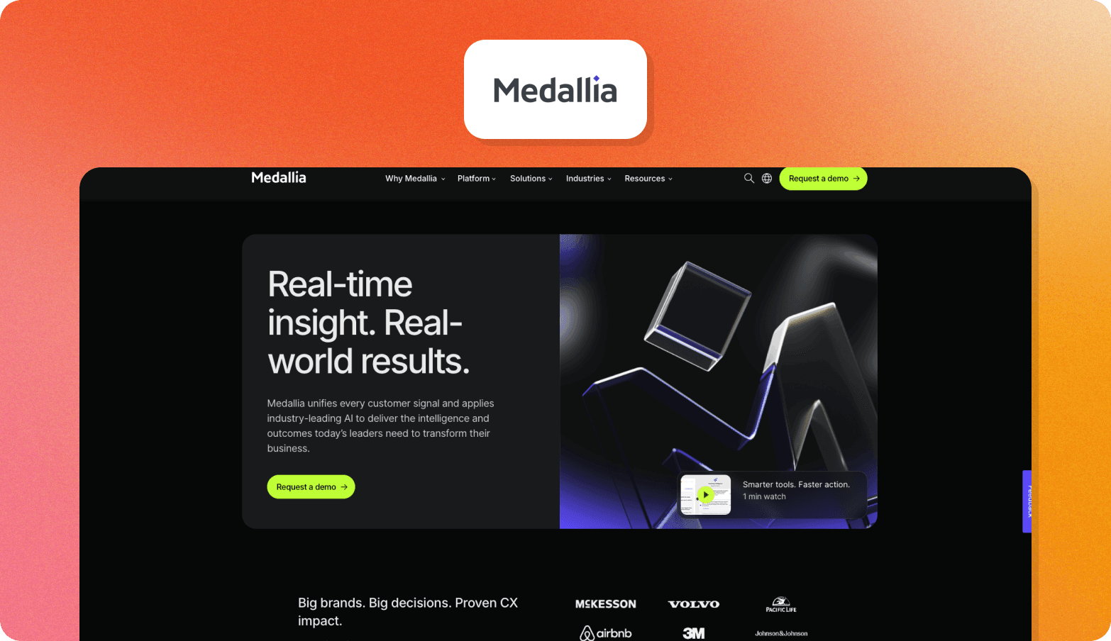 Medallia homepage with the headline "Real-time insight. Real-world results," a dark themed layout with an abstract 3D graphic, and client logos including McKesson, Volvo, Pacific Life, Airbnb, 3M, and Johnson & Johnson.