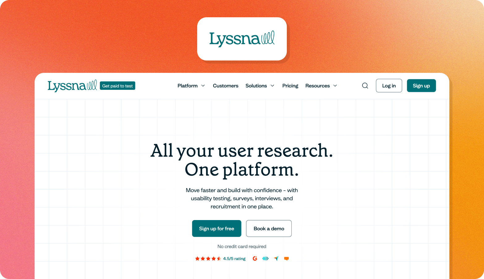 Screenshot of the Lyssna website homepage with the headline "All your user research. One platform," on a light grid background.